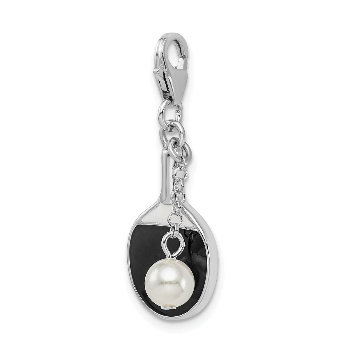 Sterling Silver Ping Pong Paddle Pendant with Simulated Pearl Accent and Black Enamel
