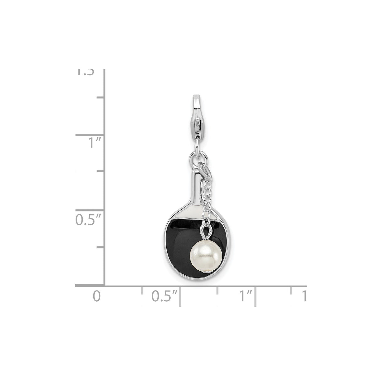 Sterling Silver Ping Pong Paddle Pendant with Simulated Pearl Accent and Black Enamel