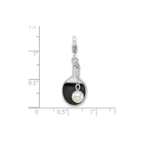 Sterling Silver Ping Pong Paddle Pendant with Simulated Pearl Accent and Black Enamel