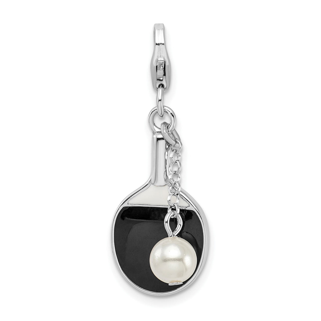 Sterling Silver Ping Pong Paddle Pendant with Simulated Pearl Accent and Black Enamel