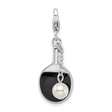 Sterling Silver Ping Pong Paddle Pendant with Simulated Pearl Accent and Black Enamel