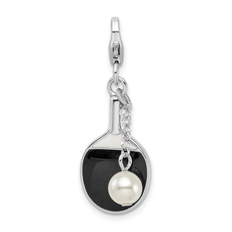 Sterling Silver Ping Pong Paddle Pendant with Simulated Pearl Accent and Black Enamel