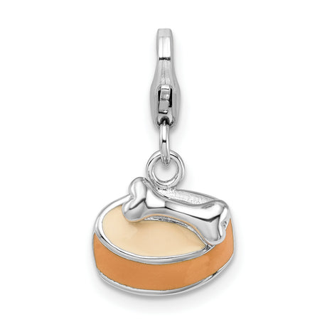 Enamel Dog Bowl Bone Lobster Clasp Charm Pendant in Real 925 Sterling Silver
