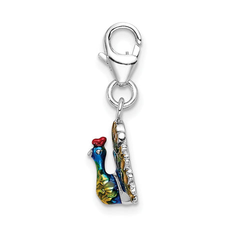 Enamel Peacock Lobster Clasp Charm Pendant in Real 925 Sterling Silver