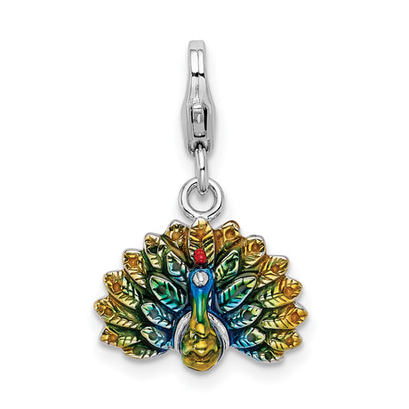 Enamel Peacock Lobster Clasp Charm Pendant in Real 925 Sterling Silver