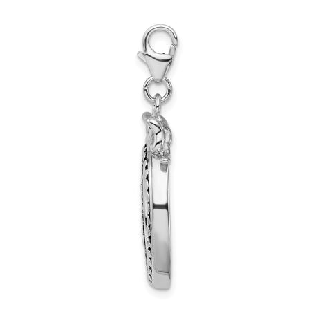 Sterling Silver Charm Pendant with Oval Floral Still-Life, Beaded Frame and Bow Accent
