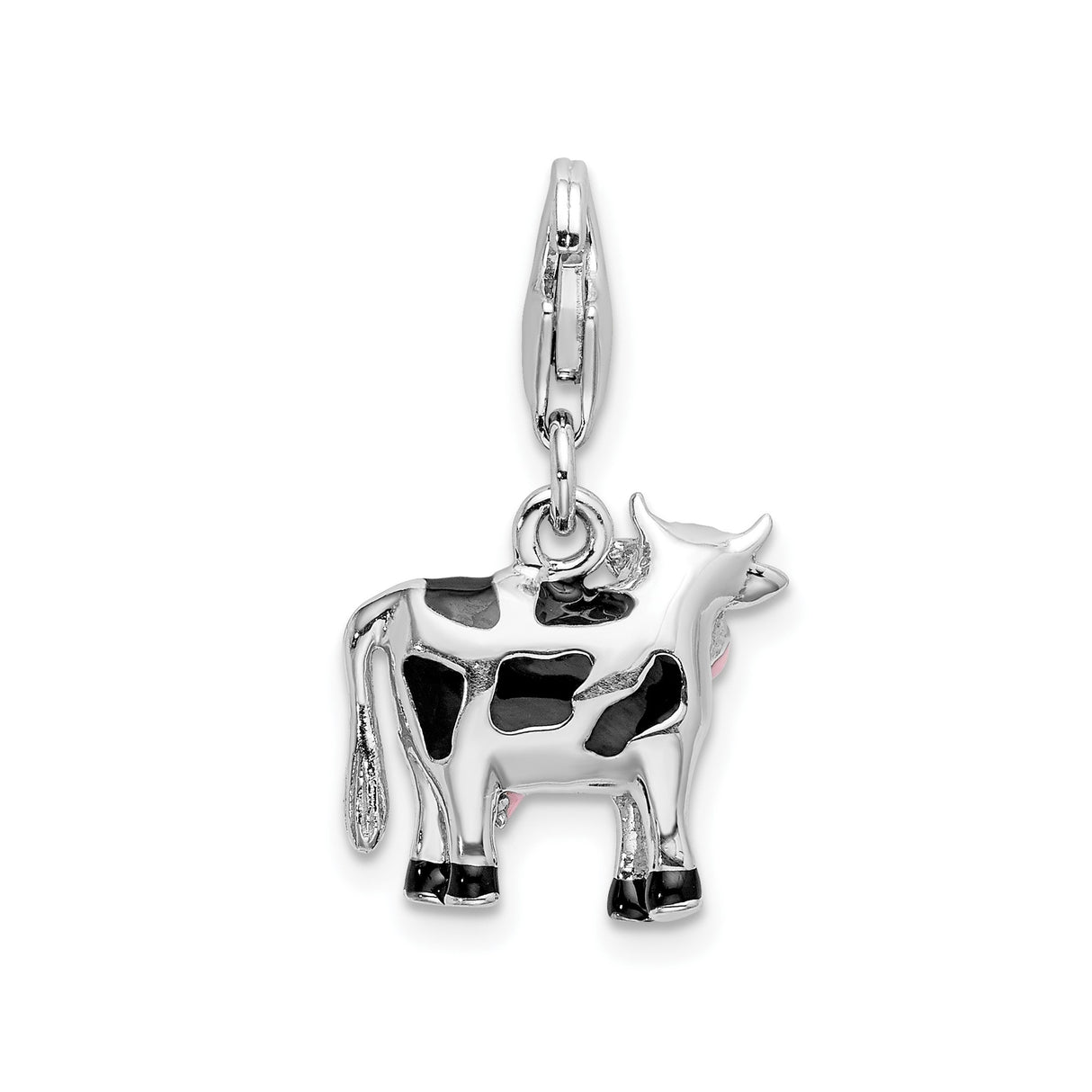 Sterling Silver Cow Charm Pendant with Black and Pink Enamel, 3D Farm Animal Design