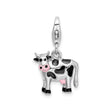 Sterling Silver Cow Charm Pendant with Black and Pink Enamel, 3D Farm Animal Design