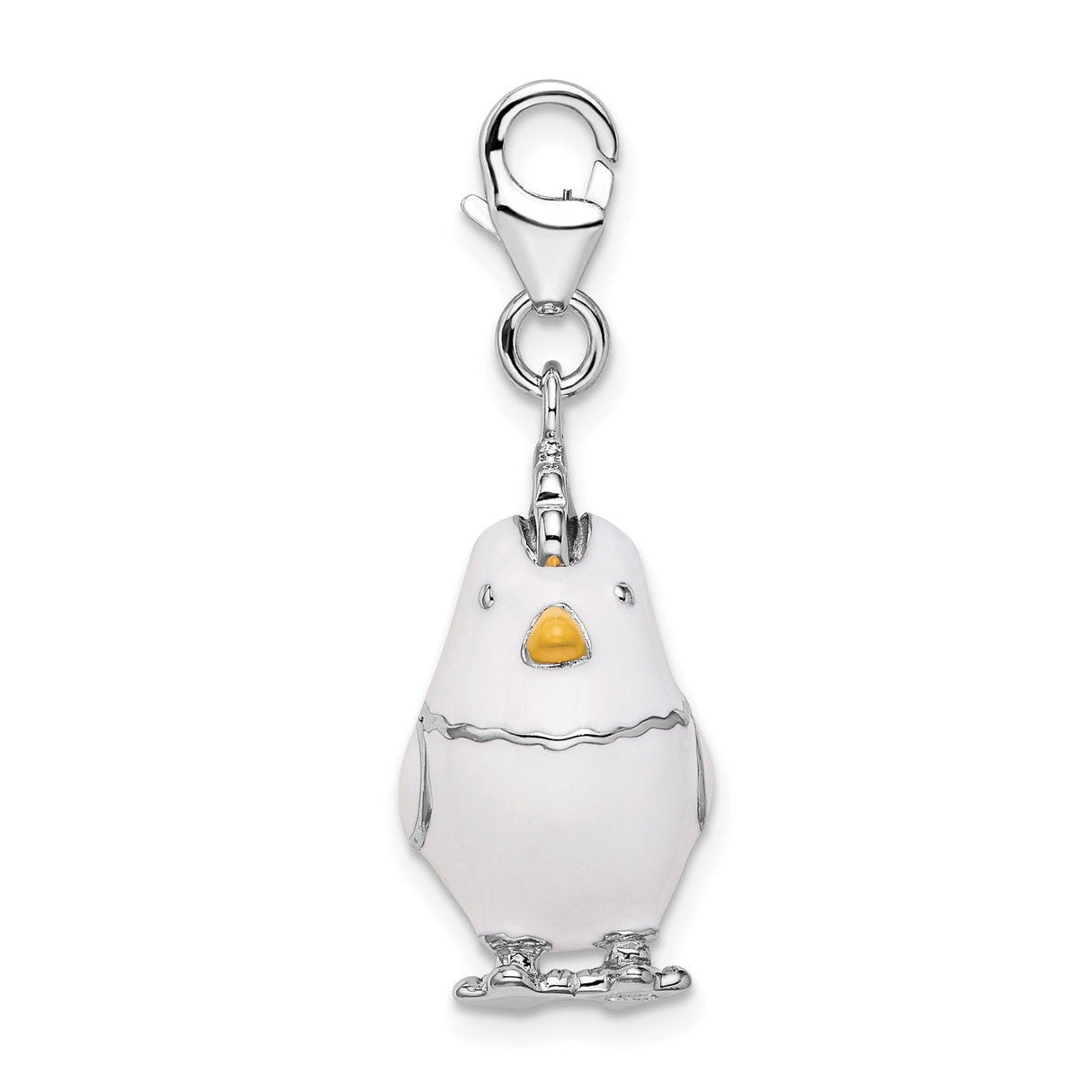Sterling Silver Enamel Chicken Charm Pendant, White Hen with Red Comb and Yellow Beak