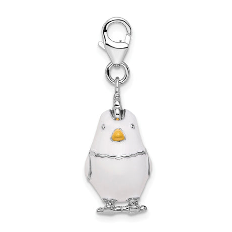 Sterling Silver Enamel Chicken Charm Pendant, White Hen with Red Comb and Yellow Beak