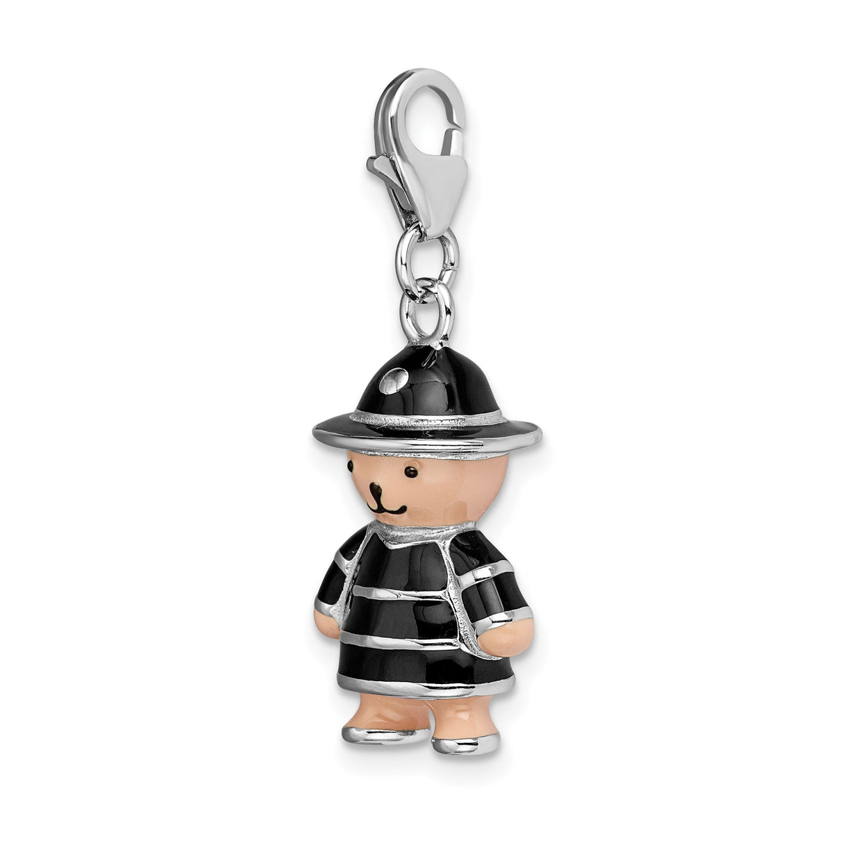 Sterling Silver Bear Charm Pendant with Black Enamel, Royal Guard Design, Lobster Clasp