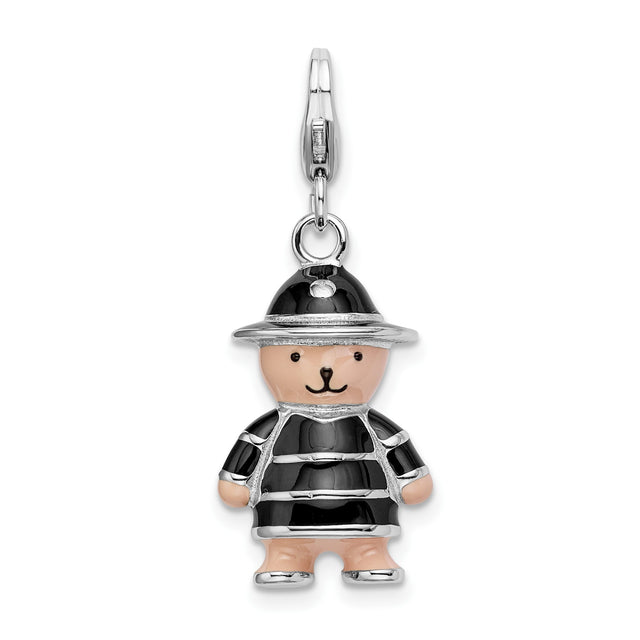 Sterling Silver Bear Charm Pendant with Black Enamel, Royal Guard Design, Lobster Clasp