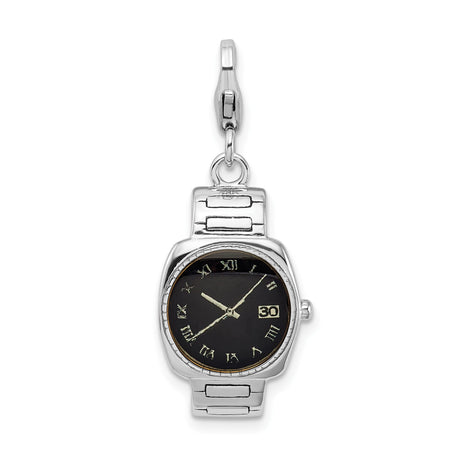 Sterling Silver Watch Charm Pendant with Black Dial and Roman Numerals