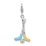 Sterling Silver Hockey Charm with Crossed Sticks and Clear Crystal Puck