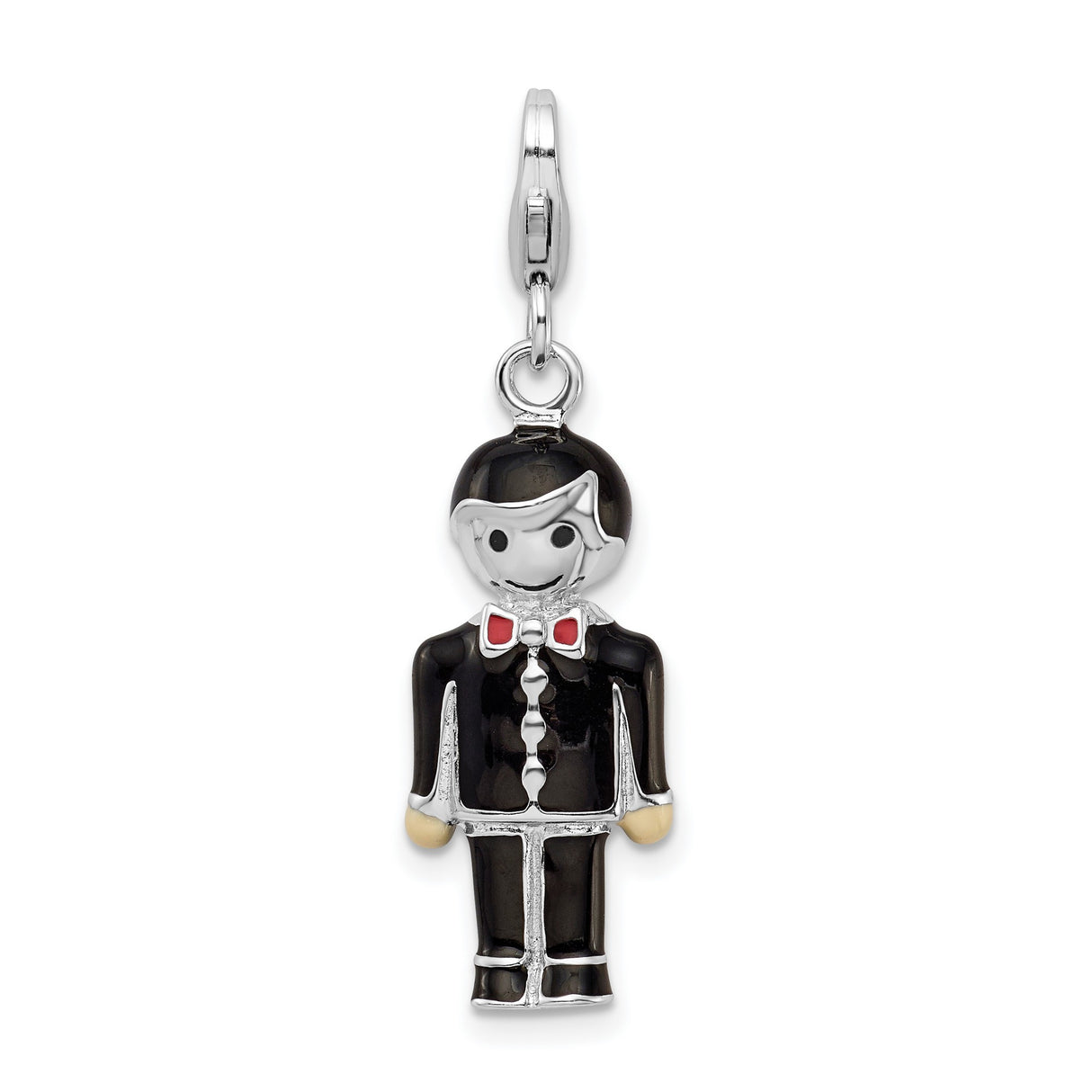 Sterling Silver Groom Charm Pendant with Enamel Tuxedo and Red Bowtie Design