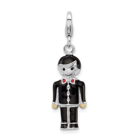 Sterling Silver Groom Charm Pendant with Enamel Tuxedo and Red Bowtie Design