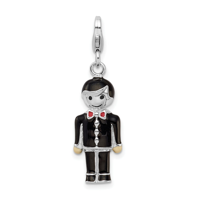 Sterling Silver Groom Charm Pendant with Enamel Tuxedo and Red Bowtie Design