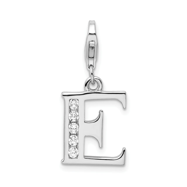Sterling Silver Letter E Pendant Charm with Cubic Zirconia, Alphabet Jewelry for Women or Unisex