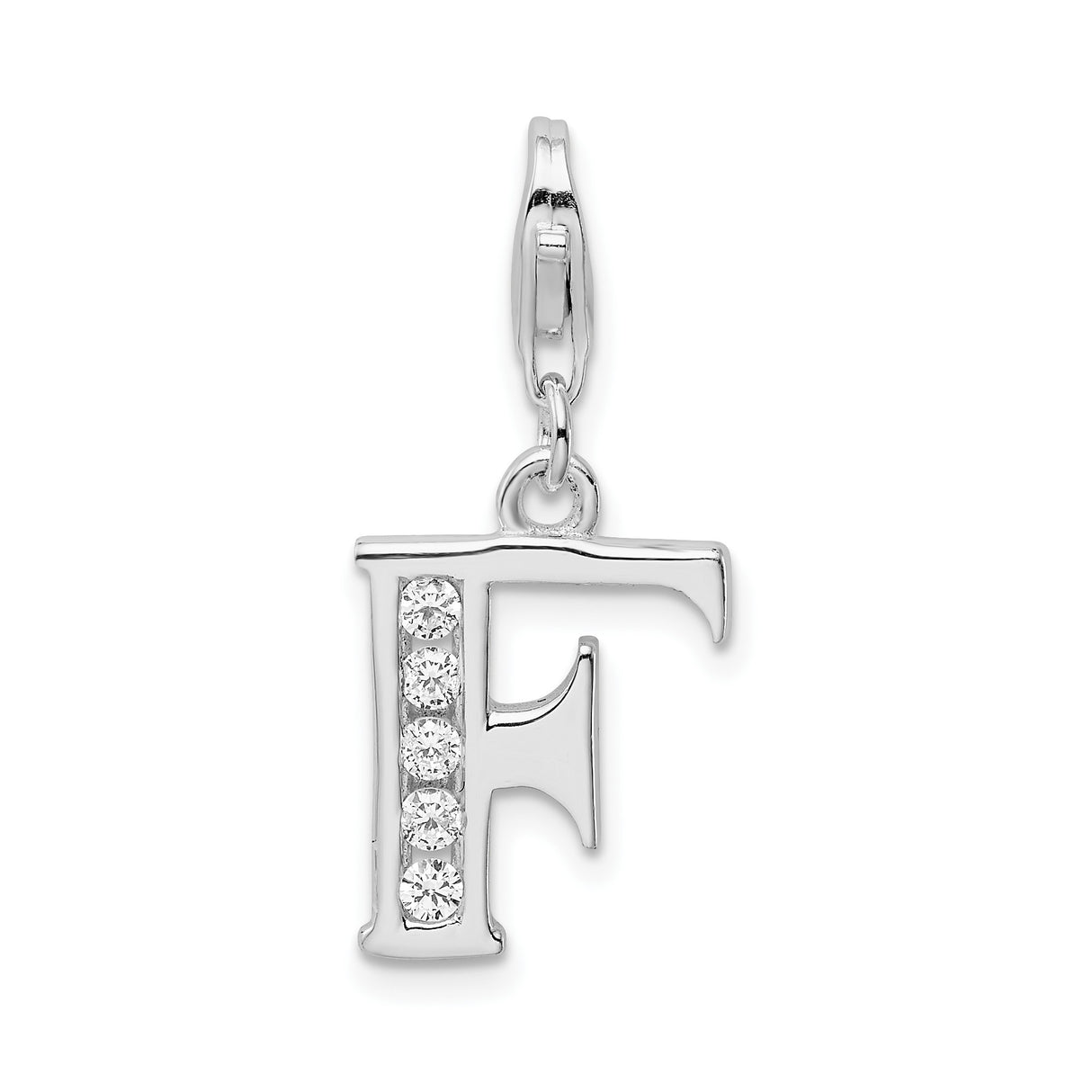 Sterling Silver Letter F Charm Pendant with Cubic Zirconia and Lobster Clasp