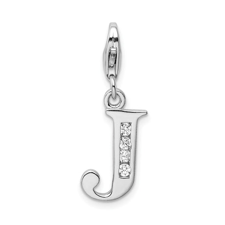 Sterling Silver J Charm Pendant with Cubic Zirconia, Alphabet Initial Jewelry for Women