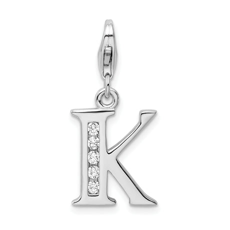 Sterling Silver Letter K Charm Pendant with Cubic Zirconia Accents, Script Initial Design, Lobster Clasp