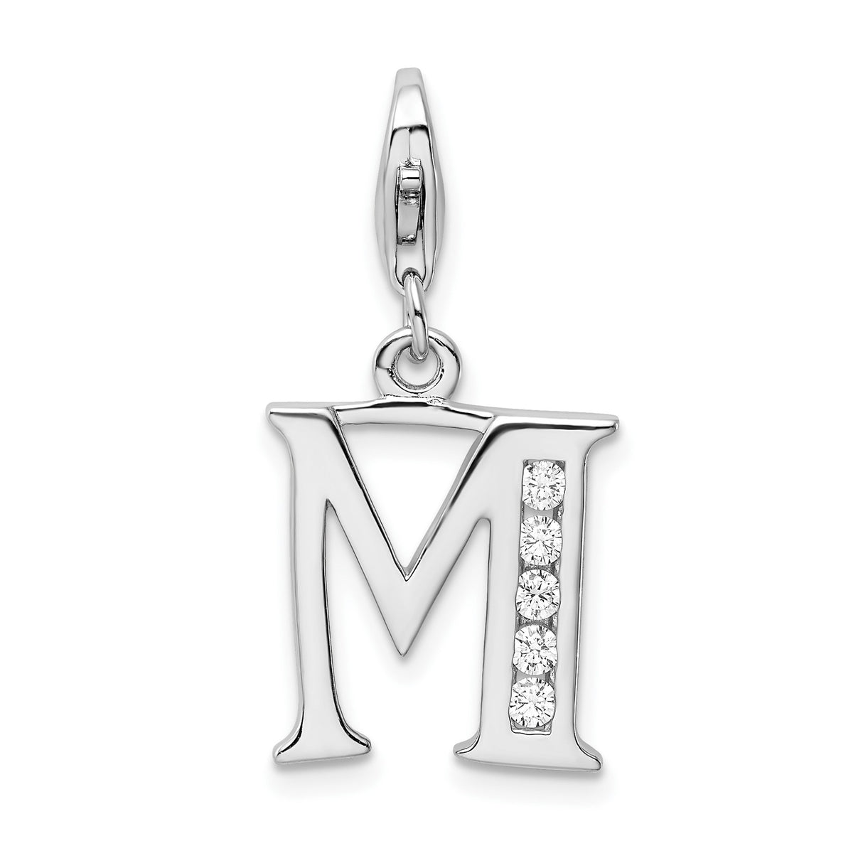 Sterling Silver Initial M Pendant Charm with Cubic Zirconia, Script Letter Jewelry for Women