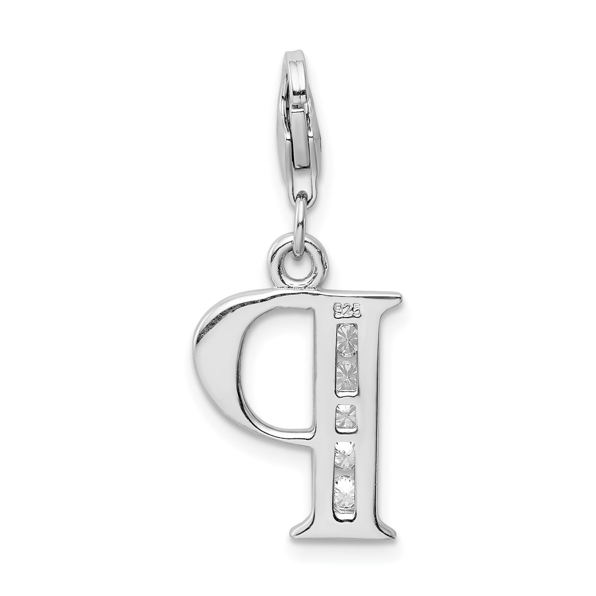 Sterling Silver P Pendant Charm with Cubic Zirconia, Polished Initial Letter with Lobster Clasp