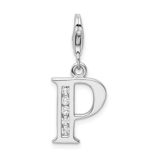 Sterling Silver P Pendant Charm with Cubic Zirconia, Polished Initial Letter with Lobster Clasp