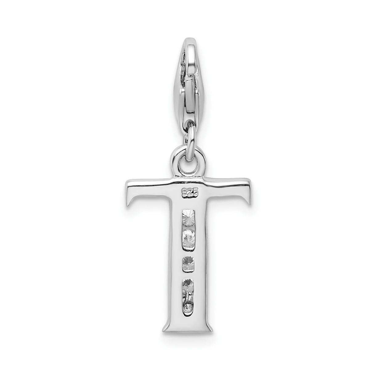 Sterling Silver T Initial Pendant Charm with Cubic Zirconia, Script Letter Design
