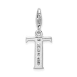 Sterling Silver T Initial Pendant Charm with Cubic Zirconia, Script Letter Design