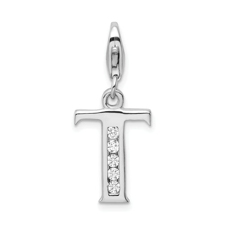 Sterling Silver T Initial Pendant Charm with Cubic Zirconia, Script Letter Design