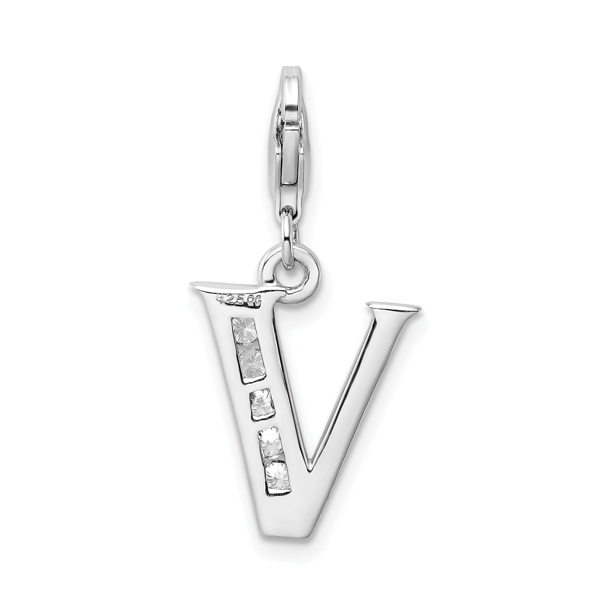 Sterling Silver V Pendant with Cubic Zirconia, Polished Letter Charm for Women