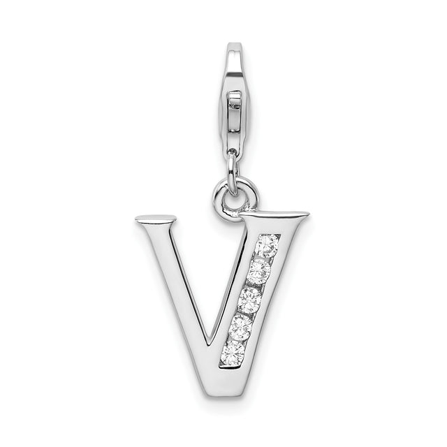 Sterling Silver V Pendant with Cubic Zirconia, Polished Letter Charm for Women