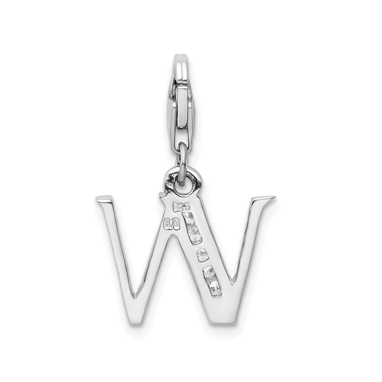 Sterling Silver Letter W Pendant with Cubic Zirconia Accents, Polished Alphabet Charm