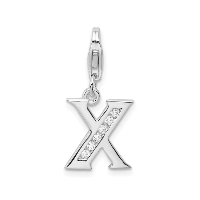 Sterling Silver Letter X Charm Pendant with Cubic Zirconia, High-Polish Finish, Unisex Jewelry