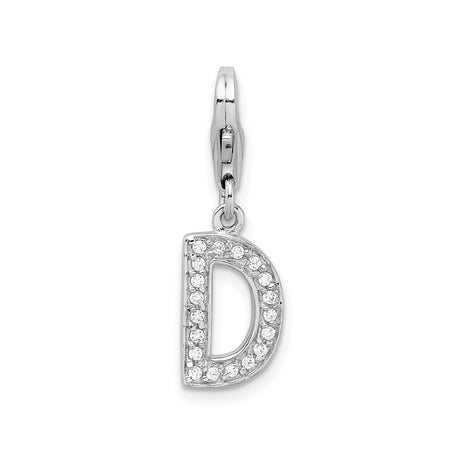 Sterling Silver Charm Pendant with Cubic Zirconia, Letter D Initial, Clip-On Monogram Jewelry
