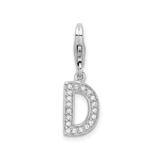 Sterling Silver Charm Pendant with Cubic Zirconia, Letter D Initial, Clip-On Monogram Jewelry