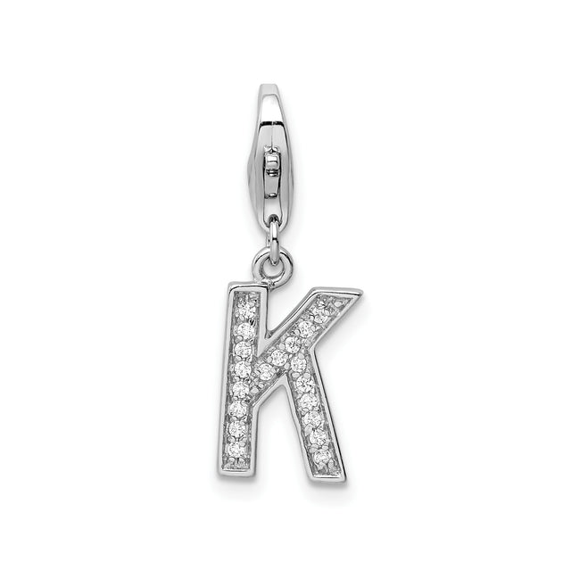 CZ Letter K Clip-On Charm Pendant in Real 925 Sterling Silver