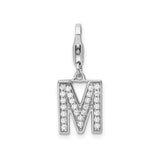 Sterling Silver Letter M Pendant with Cubic Zirconia, Dangle Alphabet Charm with Lobster Clasp