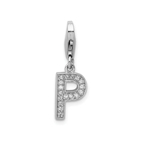 Sterling Silver Letter P Pendant Charm with Cubic Zirconia, Lobster Clasp Initial Jewelry