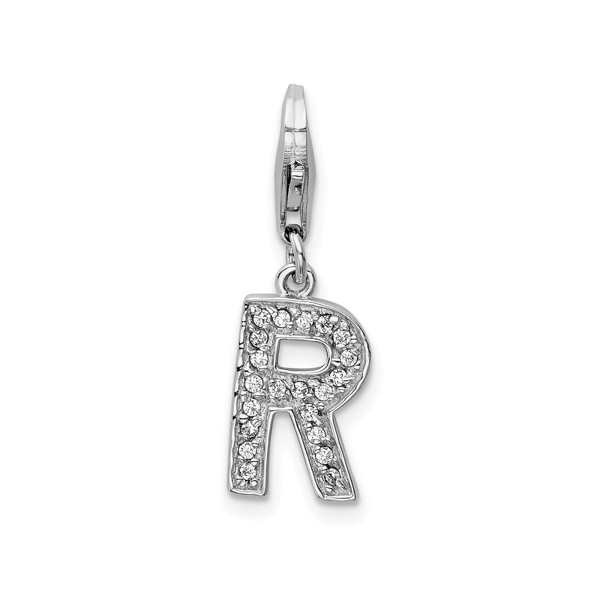 Sterling Silver Letter R Charm Pendant with Cubic Zirconia, Polished Finish, Dangle Style