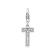Sterling Silver Letter T Pendant Charm with Cubic Zirconia Accent