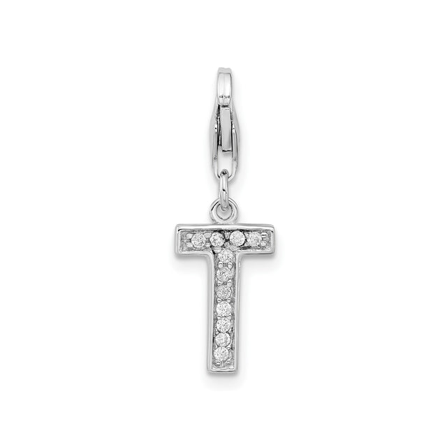 Sterling Silver Letter T Pendant Charm with Cubic Zirconia Accent