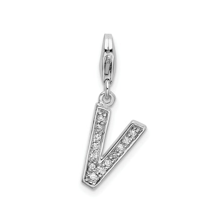 Sterling Silver Letter V Pendant Charm with Cubic Zirconia Accents, Polished Finish