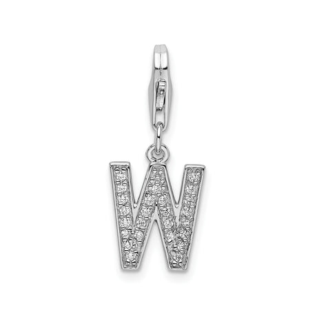 Sterling Silver Letter W Charm Pendant with Cubic Zirconia, Clip-On Monogram Jewelry