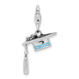 Blue Enamel 3-D Graduation Cap With Tassel Clip-On Charm Pendant in Real 925 Sterling Silver