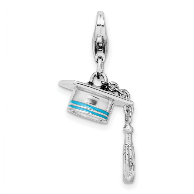 Blue Enamel 3-D Graduation Cap With Tassel Clip-On Charm Pendant in Real 925 Sterling Silver