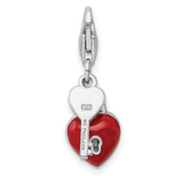 Enameled 3-D Heart And Key Charm Pendant in Real 925 Sterling Silver