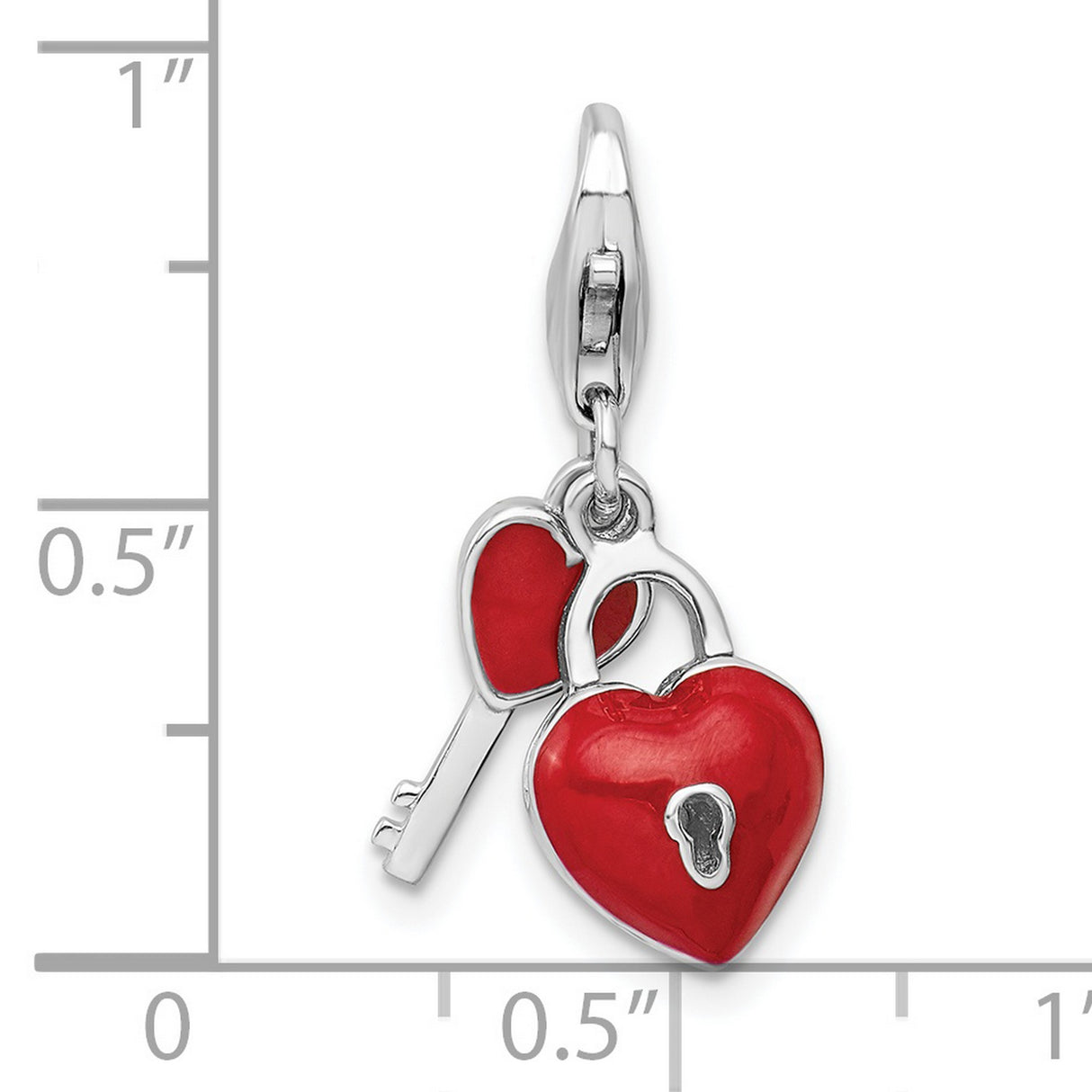 Enameled 3-D Heart And Key Charm Pendant in Real 925 Sterling Silver