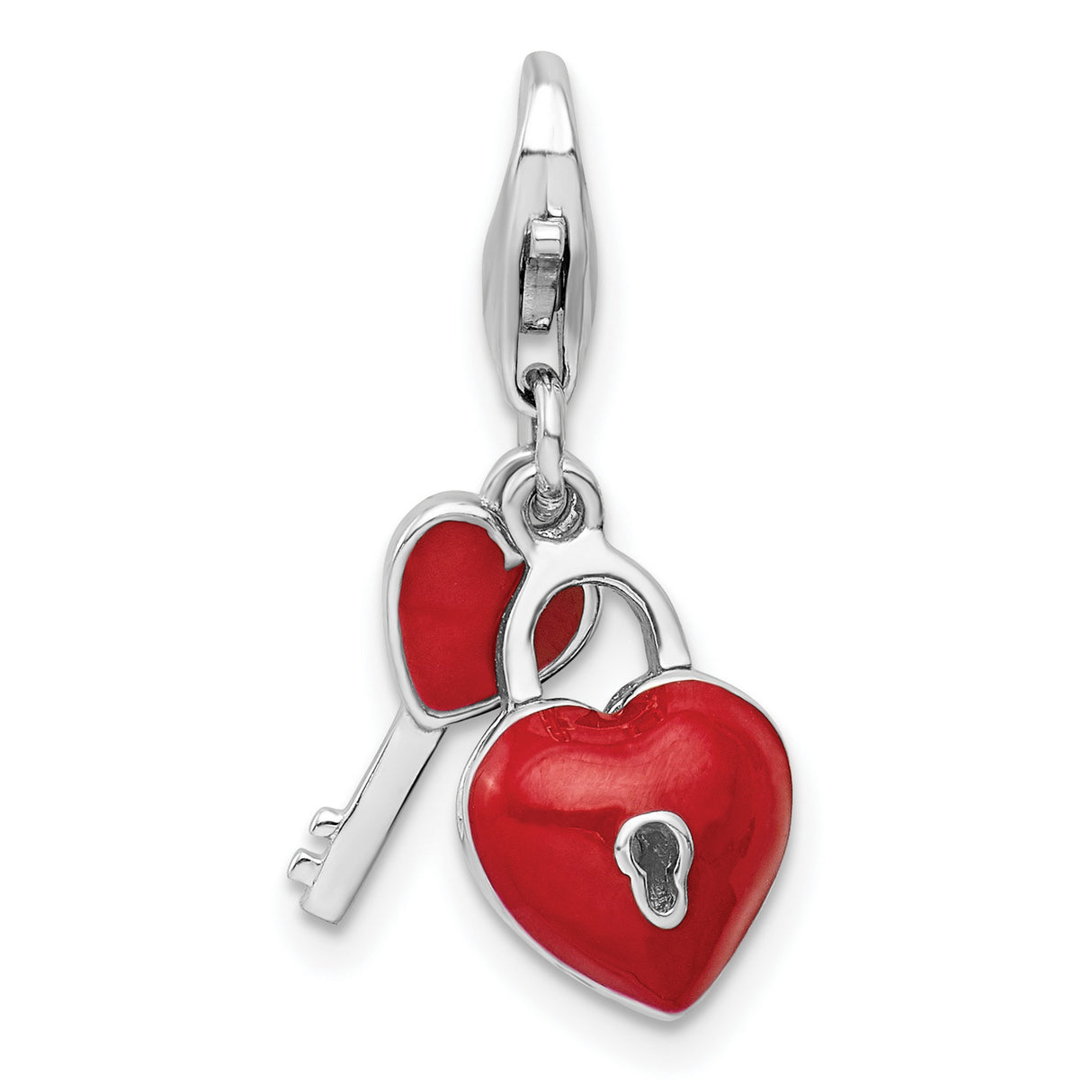 Enameled 3-D Heart And Key Charm Pendant in Real 925 Sterling Silver